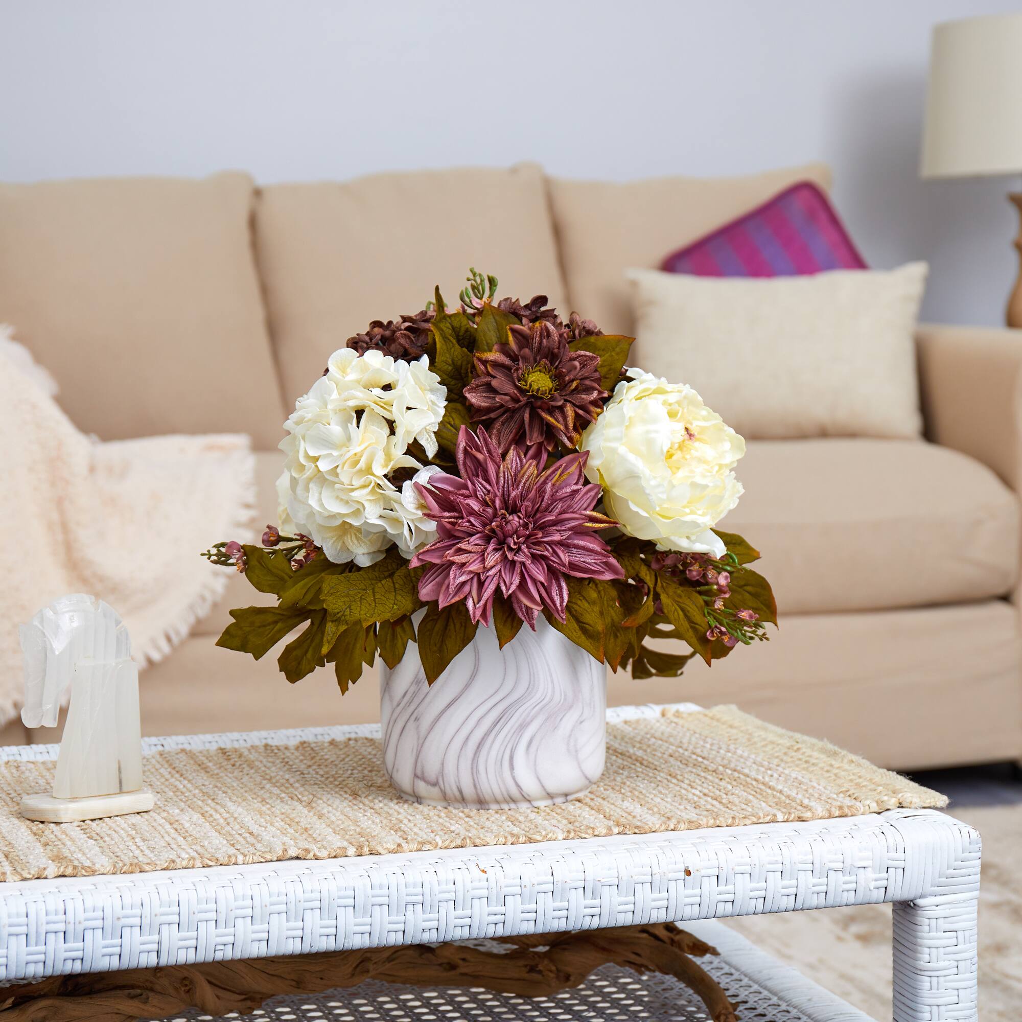 15in. Peony, Hydrangea, Dahlia Arrangement in Marble Finished Vase